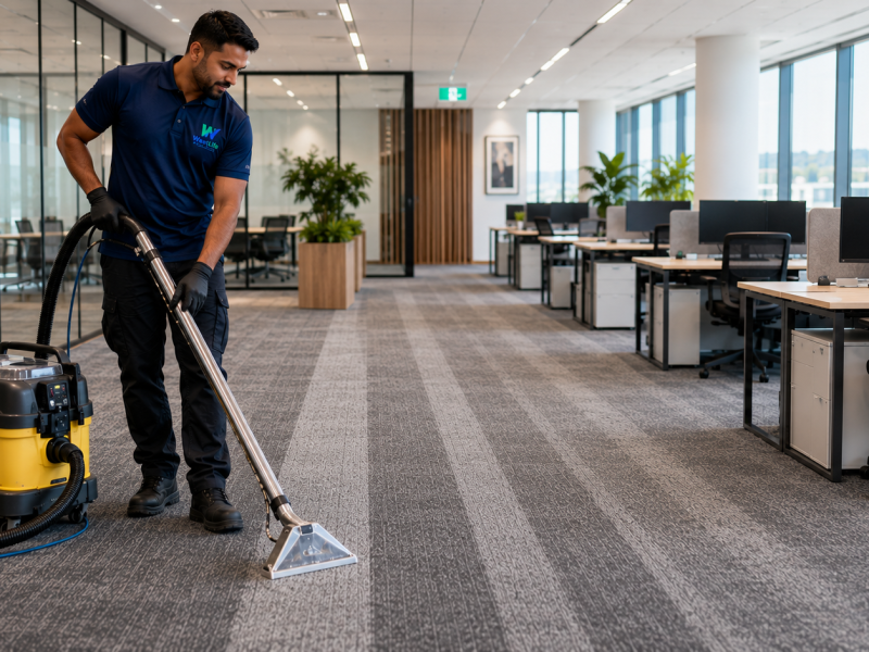 Professional commercial carpet cleaning in Hobart using industrial steam cleaning equipment inside a modern office.