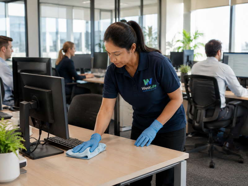 Westlife Australia cleaner inspecting and cleaning workstations in a modern Hobart commercial office